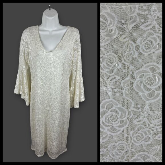 Womens Bell Flare Sleeve Ivory Rose Lace V-Neck Dress Olivia Matthews Size Small - Picture 1 of 8